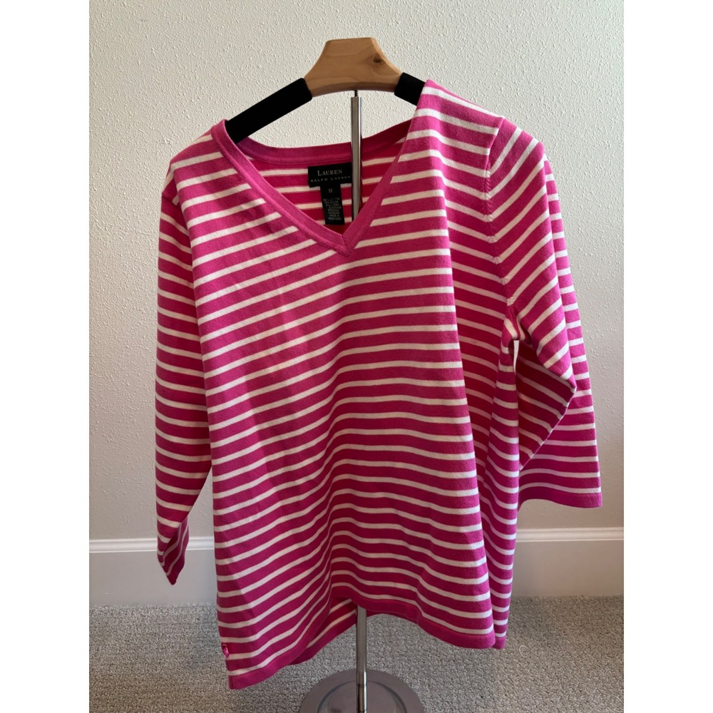 Lauren Ralph Lauren Sweater Womens 1X Pink Striped V-Neck 3/4 Sleeve‎ Preppy